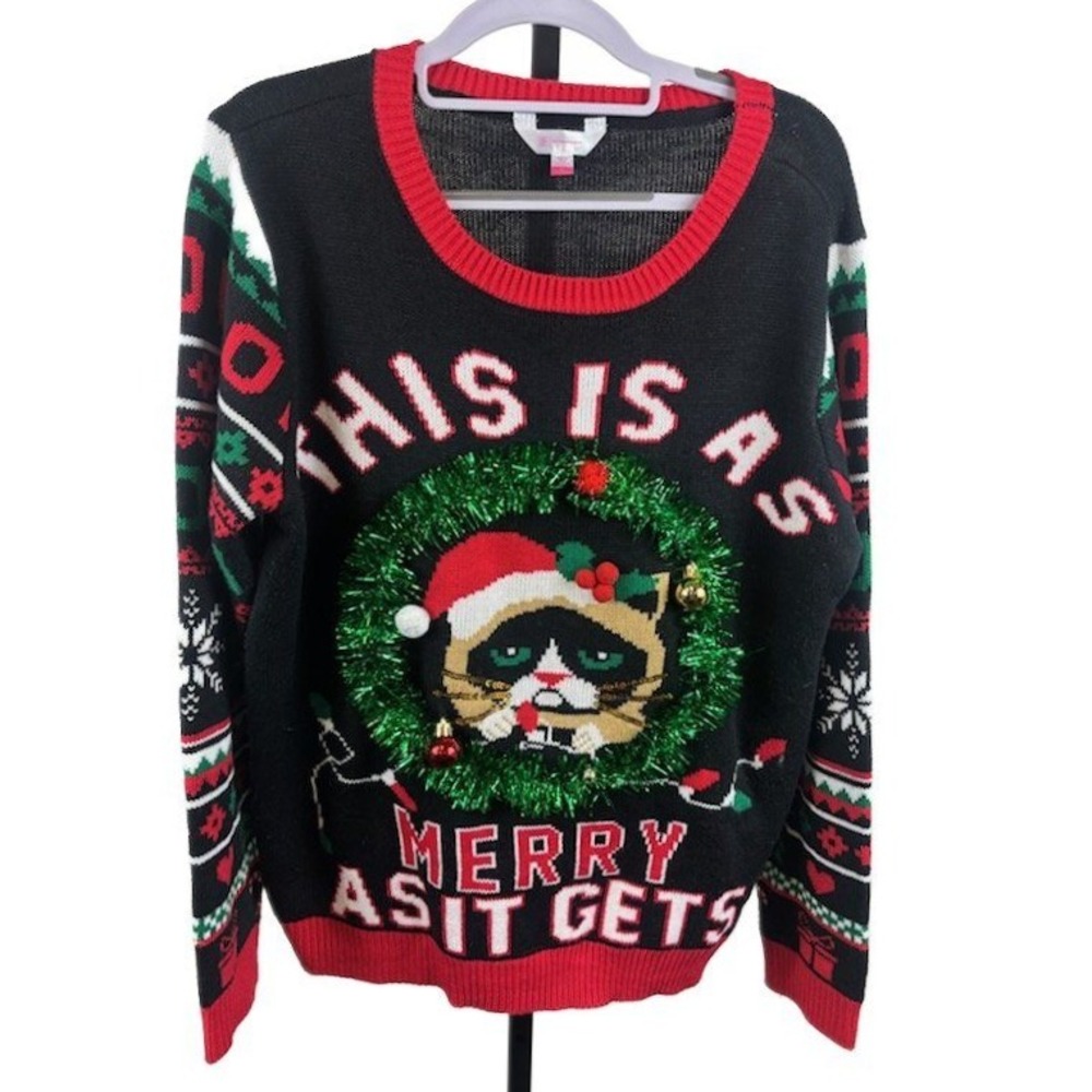 No Boundaries‎ Sweater Women's Size XL Grumpy Cat Ugly Christmas